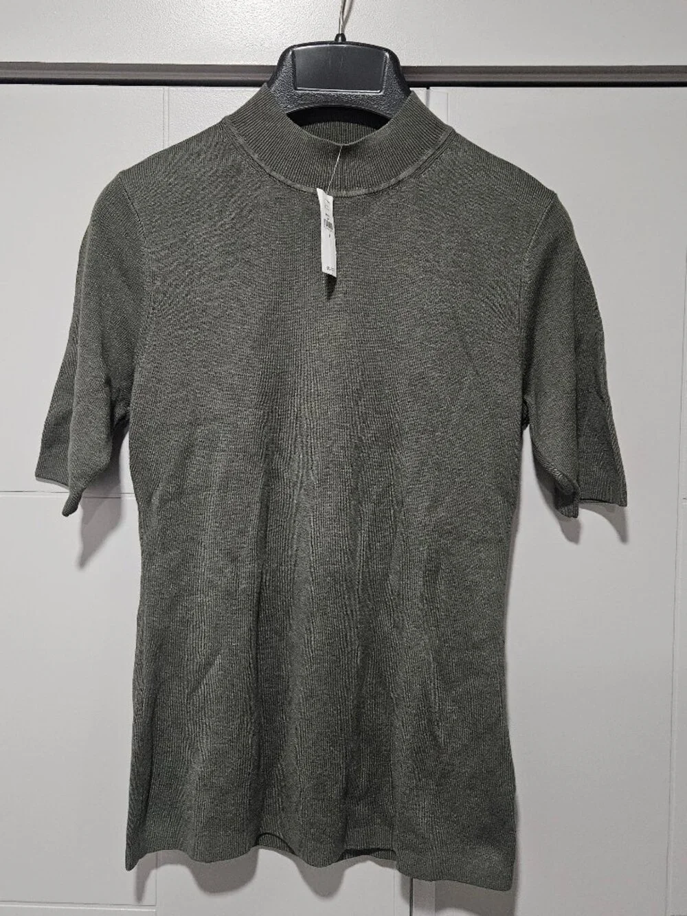 Gap Mockneck Knit Top - Elbow Sleeve Olive Green Cotton Silk Short Sleeve Retro - Picture 2 of 7